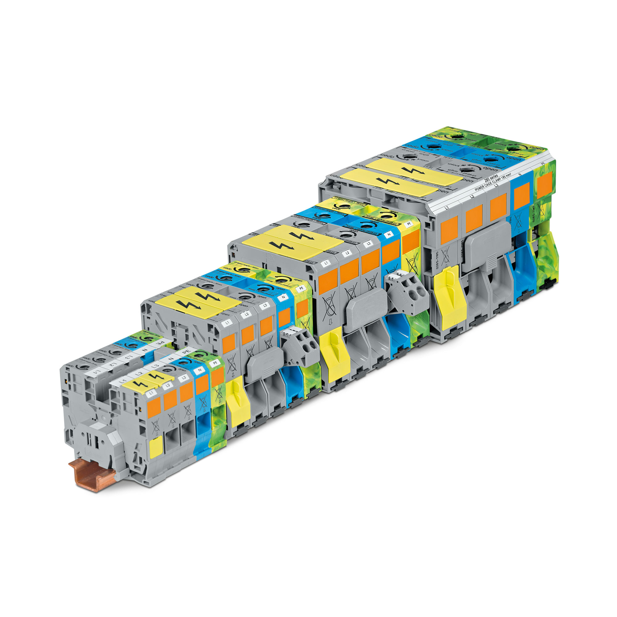Сильнострумові рейкові клемні колодки: POWER CAGE CLAMP
